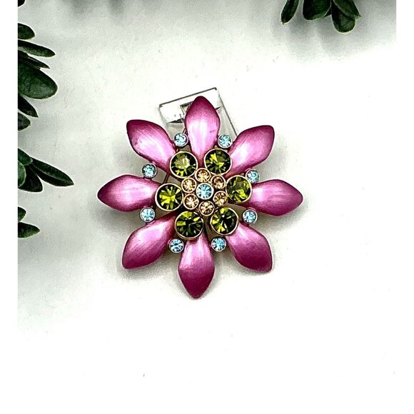 Flower Brooch Pink with Green Rhinestone With Textured Gold-Tone Back - Picture 2 of 5